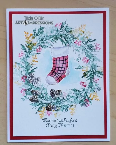 art impressions watercolor rubber stamps Christmas Wreath 1