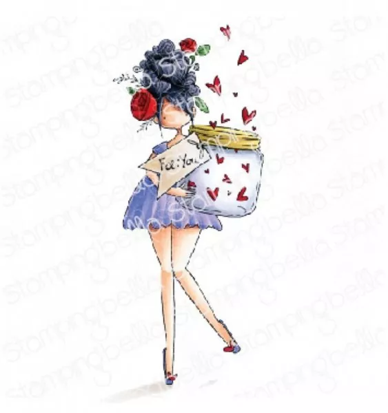 Stampingbella Curvy Girl With a Jar of Hearts Rubber Stamps
