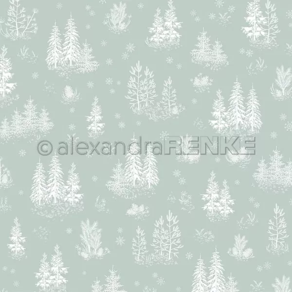 Schneebedeckter Tannenwald auf Jaspisgrün Alexandra Renke Scrapbookingpaper