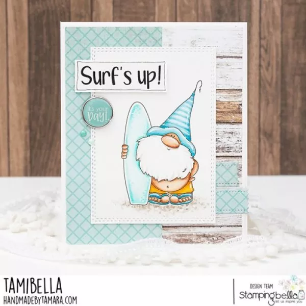 Stampingbella Gnome with a Surfboard Rubber Stamps 1