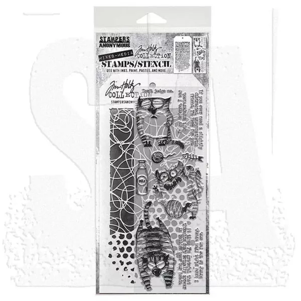 Snarky Cat 2 Tim Holtz Mixed Media Set Stencil Clear Stamps Stampers Anonymous