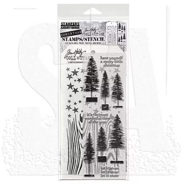 Bottlebrush Trees Tim Holtz Mixed Media Set Stencil Clear Stamps Stampers Anonymous