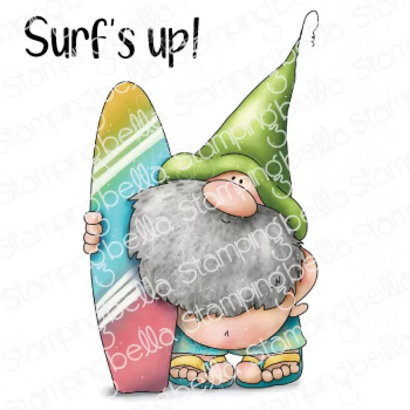Stampingbella Gnome with a Surfboard Rubber Stamps