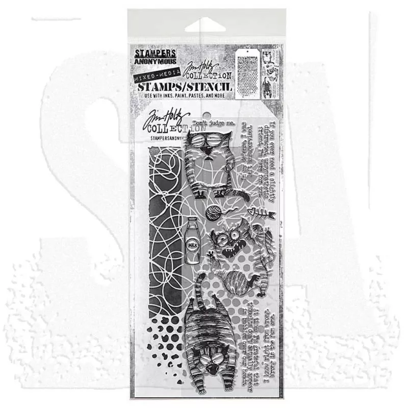 Snarky Cat 2 Tim Holtz Mixed Media Set Stencil Clear Stamps Stampers Anonymous