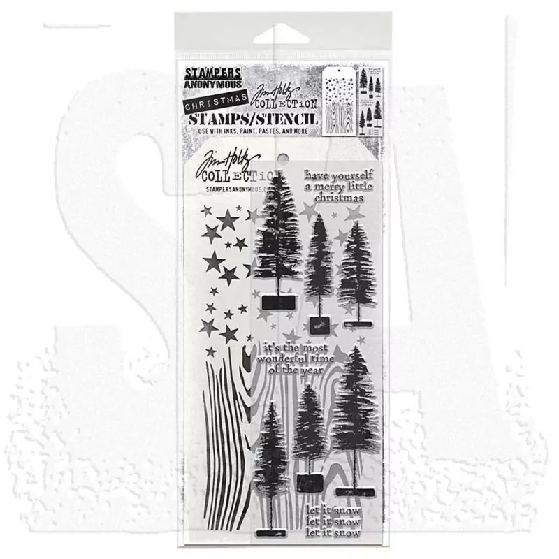 Bottlebrush Trees Tim Holtz Mixed Media Set Stencil Clear Stamps Stampers Anonymous