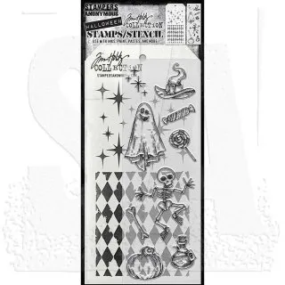 Halloween Doodles Tim Holtz Mixed Media Set Stencil Clear Stamps Stampers Anonymous