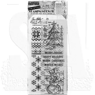 Blue Prints Winter Tim Holtz Mixed Media Set Stencil Clear Stamps Stampers Anonymous